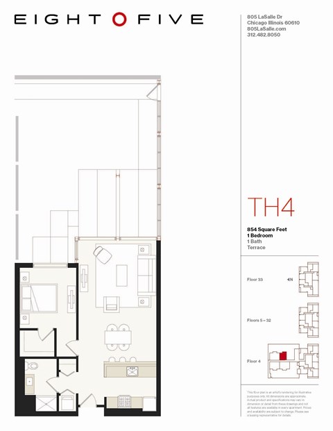 Floor plan for 1 bed, 1 bath, 854 sqft
